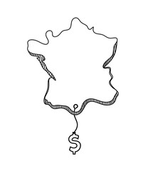 Map of France, Algeria with dollars as line drawing on white background