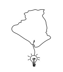 Map of France, Algeria with light bulb as line drawing on white background
