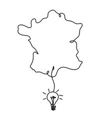 Map of France, Algeria with light bulb as line drawing on white background