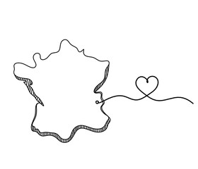 Map of France, Algeria with love as line drawing on white background
