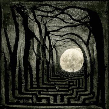 A night landscape of a mysterious maze in a dark forest illuminated by the full moon. Digital Illustration