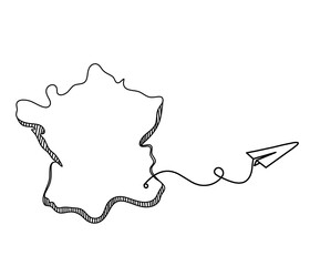 Map of France, Algeria with paper plane light bulb as line drawing on white background