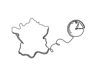 Map of France, Algeria with clock as line drawing on white background © suns07butterfly