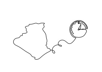 Map of France, Algeria with clock as line drawing on white background