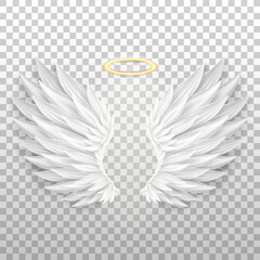 Three dimensional angel white wings and shiny nimbus. Masquerade, festival, carnival costume. Realistic  saint aureole (halo) and wings isolated on transparent background. Vector illustrator EPS 10
