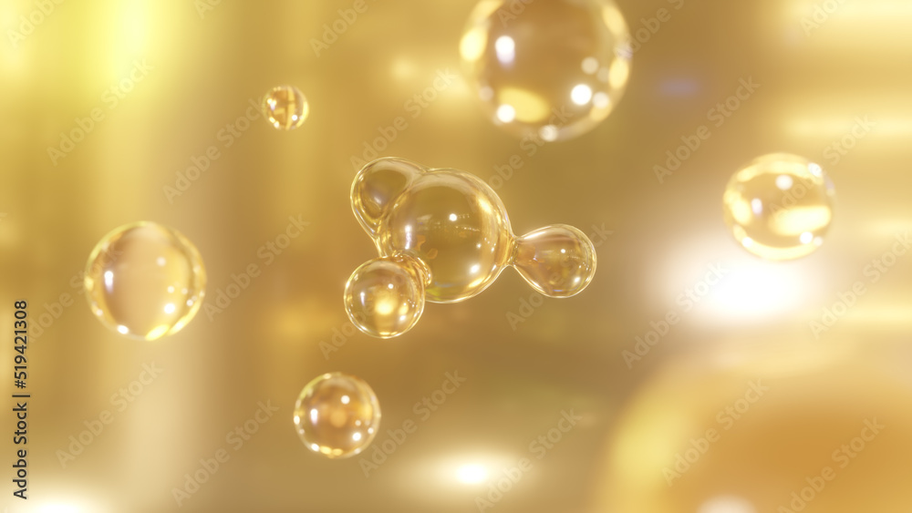 Poster A nourishing serum is formed through merging bubbles. The elements of a macro shot combine to create a serum. 3D rendering Metaball. Metaball graphics with morphing liquid blobs.