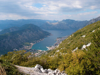 Panoramic view of the Bay of Kotor, town Kotor, Montenegro