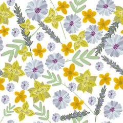 Seamless pattern with wild meadow or garden: wild plants, herbs and flowers. Botanical illustration , floral elements. Vector graphics for fabric or background.