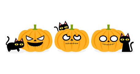 Cute black cat and Pumpkin head in Halloween day. Happy Halloween greeting card with cute black cat and spooky pumpkin. Animal holidays cartoon character.