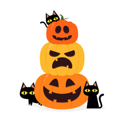 Cute black cat and Pumpkin head in Halloween day. Happy Halloween greeting card with cute black cat and spooky pumpkin. Animal holidays cartoon character.
