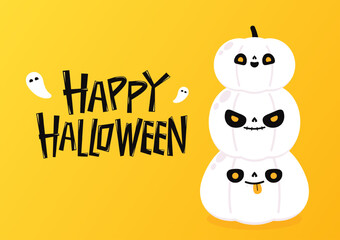 Happy halloween greeting card with cute skeleton face paint on pumpkin. Holidays cartoon character. Halloween illustration. 