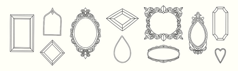 A collection of various hand drawn frames and borders of different sizes and shapes.  Vector illustration. All elements are isolated.