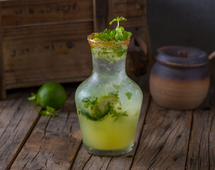 Fresh healthy Jito or mojito soda juice with raw fruit served in jar isolated on wooden table side view