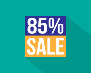 85% off. Blue and orange banner for discounts and promotion. Design for web and online sales.