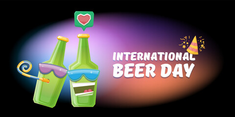 Happy international beer day horizonatal banner with cartoon funny beer bottles friends characters with sunglasses isolated on black background. International beer day cartoon comic poster