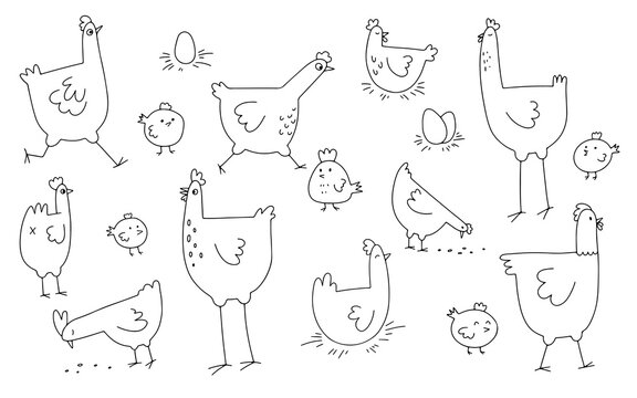Farm doodle set, vector isolated hand drawn elements with hen, chicken, chick, egg