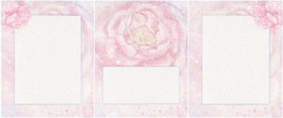 Set of watercolor card templates with peonies for wedding invitations, birthday, March 8 and other holidays. White text frame, blank, background. For designers, websites, posters, for printed products