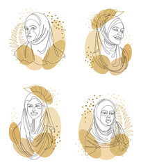 Collection. Silhouettes of a girl's head and a leaf of a plant. Lady wearing hijab, scarf, arabic muslim headdress, headscarf. Female face in modern single line style. Vector illustration set.