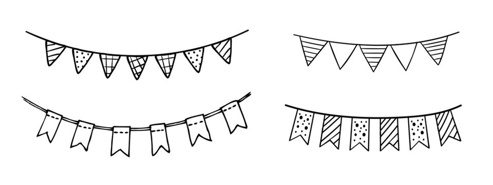 Doodle party bunting flags set for decoration. Black line sketch garlands. Hand drawn vector illustration. Doodle party drawing. Celebration bunting