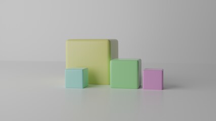 Abstract scene with creamy multicolored pastel cubes on white background. 3d render illustration