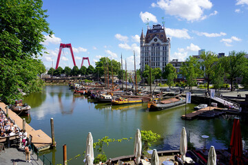 Oude Haven, one of the oldest ports of Rotterdam with Witte Huis building and Willemsbrug bridge, Netherlands