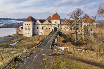 Aerial view over Svirzh Castle in Lviv region, Ukraine.