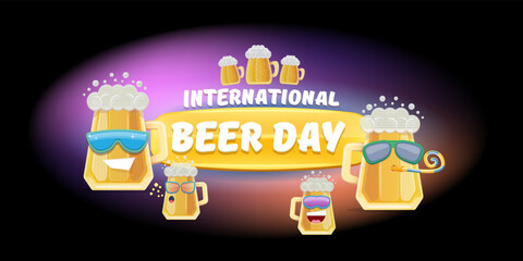 Happy international beer day horizonatal banner with cartoon funny beer glass friends characters with sunglasses isolated on black background. World beer day cartoon comic poster