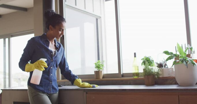 Video Of Biracial Woman Cleaning Countertop