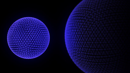 Abstract lines connection in the shape of Earth and Sun. Mesh sphere with flying blue debris. Global digital futuristic technology of network. 3d rendering.