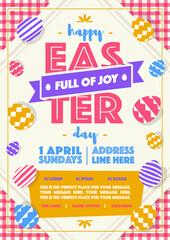 Easter party poster with wish - happy easter day full of joy and eggs colorful style for banner sale, holiday flyer, special offer, promotion, tag, decoration, stamp, label. Vector Illustration