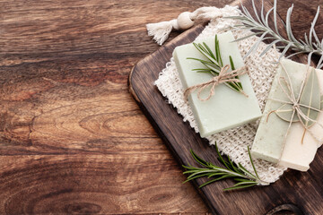 Handmade natural soap on pastel background.