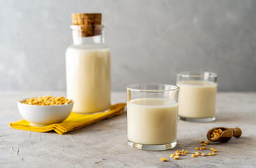 Vegan healthy pea milk in glass bottle and two glasses, concrete background, pea grains, yellow napkin. Copy space