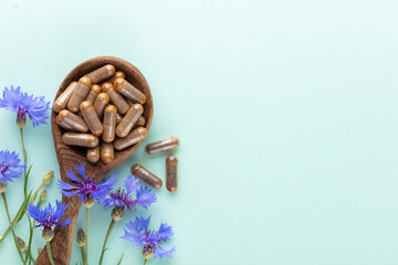 Centaurea cyanus. Alternative Medicine. Dietary supplements, vitamins and minerals for vegans and...