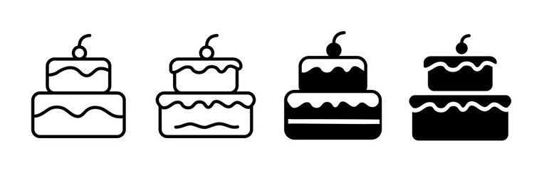 Cakes. Set of cakes icon. Two-story cake with cream and a cherry. Vector clipart isolated on white background.
