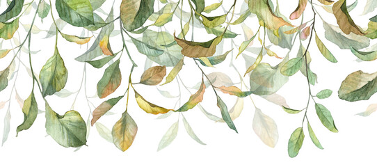 Long seamless banner with autumn colored withered leaves. Watercolor hand painted botany leaves. Banner header for designing greeting cards - obrazy, fototapety, plakaty