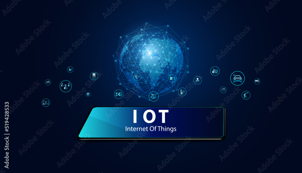 Poster abstract internet of things concept phone and world 5g.iot internet of things communication network 