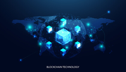 Abstract world blockchain technology cryptocurrency and fintech square cube crypto operations Connect block, data transmission, new technology system, Vector illustration.