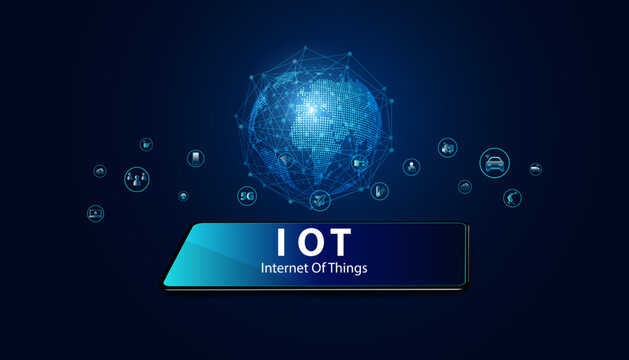 Abstract Internet of things Concept phone and world 5G.IoT Internet of Things communication network Innovation Technology Concept Icon. Connect wireless devices and networking Innovation Technology.