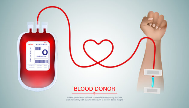Abstract arms and blood bags for blood donation concept, heart-shaped blood collection line. and for world blood donors on June 14 on a white and gray background