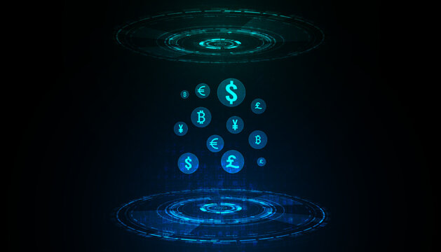 Abstract Digital circle Hologram Money transfer DeFi Decentralized Finance Blockchain, cryptocurrency and bitcoin, online, internet transaction Futuristic.