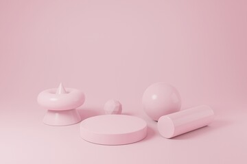 Geometric shapes in pink color. 3d rendering scene with simple geometric elements. Abstract monochrome background