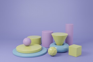 Multicolor geometric shapes in 3d rendering scene. Abstract podiums for business presentations etc.