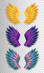 Set of three dimensional realistic wings. Magic golden, purple and colorful angel or bird wings. Carnival, masquerade decorations. Fantasy concept. Vector illustration EPS 10.