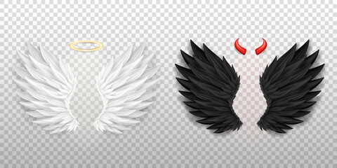 3D white angel wings with golden nimbus, halo and black devil wings with red daemon horns isolated on transparent background. Realistic festival, carnival costume. Fantasy, religion concept. - obrazy, fototapety, plakaty