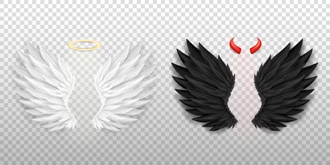 Fotobehang 3D white angel wings with golden nimbus, halo and black devil wings with red daemon horns isolated on transparent background. Realistic festival, carnival costume. Fantasy, religion concept. © Qeeraw