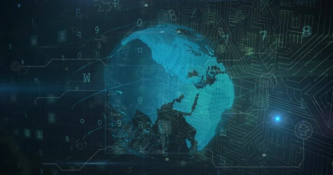 Animation of globe, virus warning and digital padlock on black background