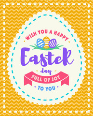 Vector easter greeting card with wish you a happy easter day, symbol eggs colorful style on yellow holidays background for promotion, banner sale, offer, party poster, tag, decoration, stamp, label