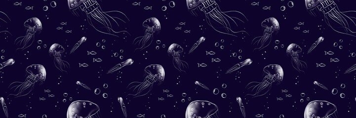 Obraz na płótnie Canvas jellyfish seamless sea night pattern 