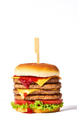 quadruple meat burger isolated on white background