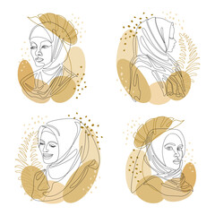 Collection. Silhouettes of a girl's head and a leaf of a plant. Lady wearing hijab, scarf, arabic muslim headdress, headscarf. Female face in modern single line style. Vector illustration set.